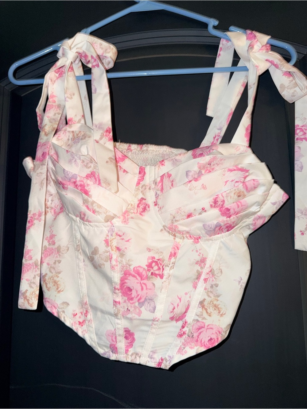 Floral Corset Bustier Tie-Strap Crop Top | White Pink Roses | Size Medium